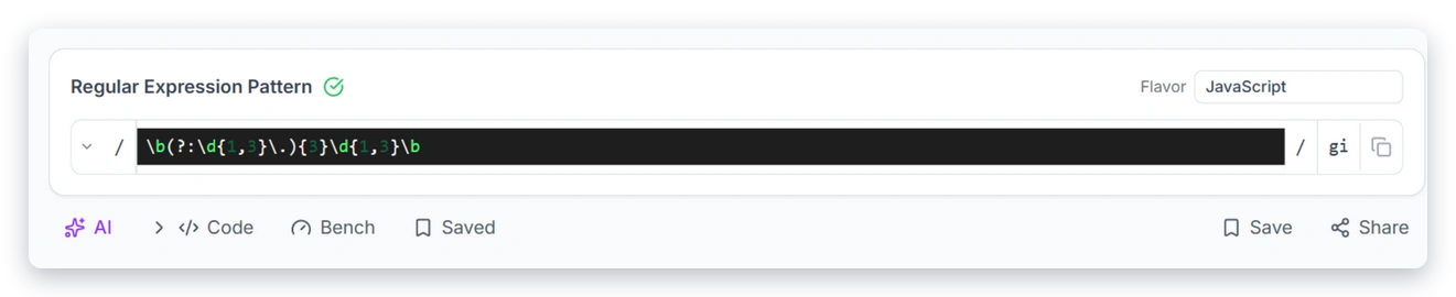 The Bench button in the regex editor toolbar, next to AI, Code and Saved