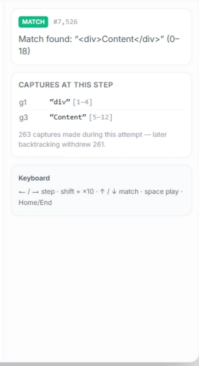 Step inspector at a MATCH step showing captured groups g1 div and g3 Content, and capture withdrawal count
