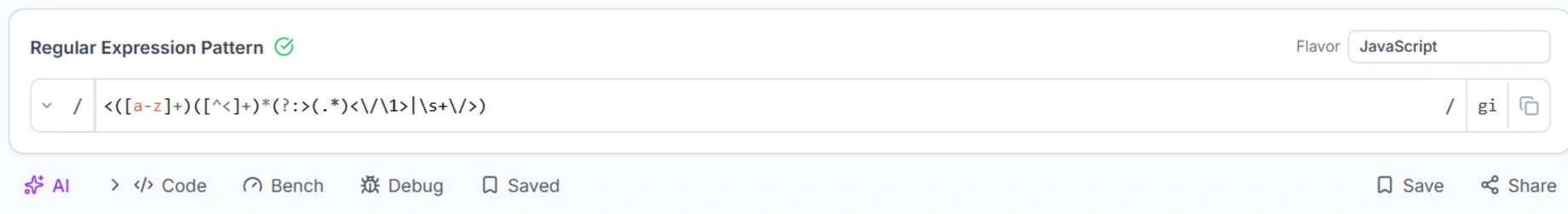 Regex tester toolbar with the Debug button next to the flavor selector and pattern editor