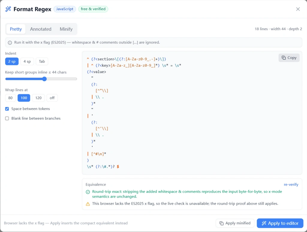 Format Regex modal in Pretty mode showing the INI parser laid out over 18 indented lines with alternation branches stacked behind pipes