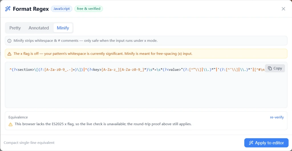 Minify mode folding an 18-line free-spacing pattern back into one compact line, with a warning when the x flag is off
