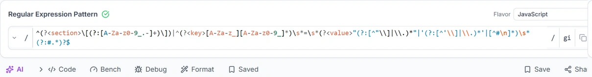 Regex tester toolbar with the new Format button between Debug and Saved